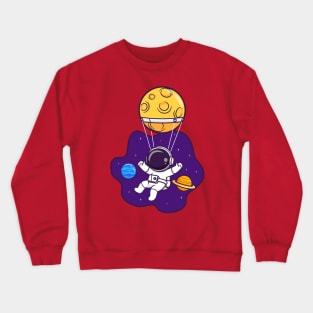 Cute Astronaut Flying In Space With Hot Air Balloon Moon Cartoon Crewneck Sweatshirt